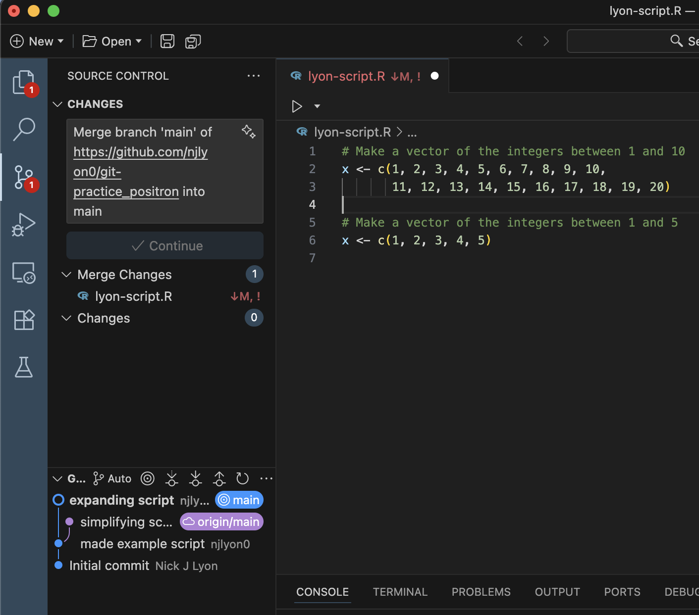 Screen capture of a script in Positron without merge conflict lines