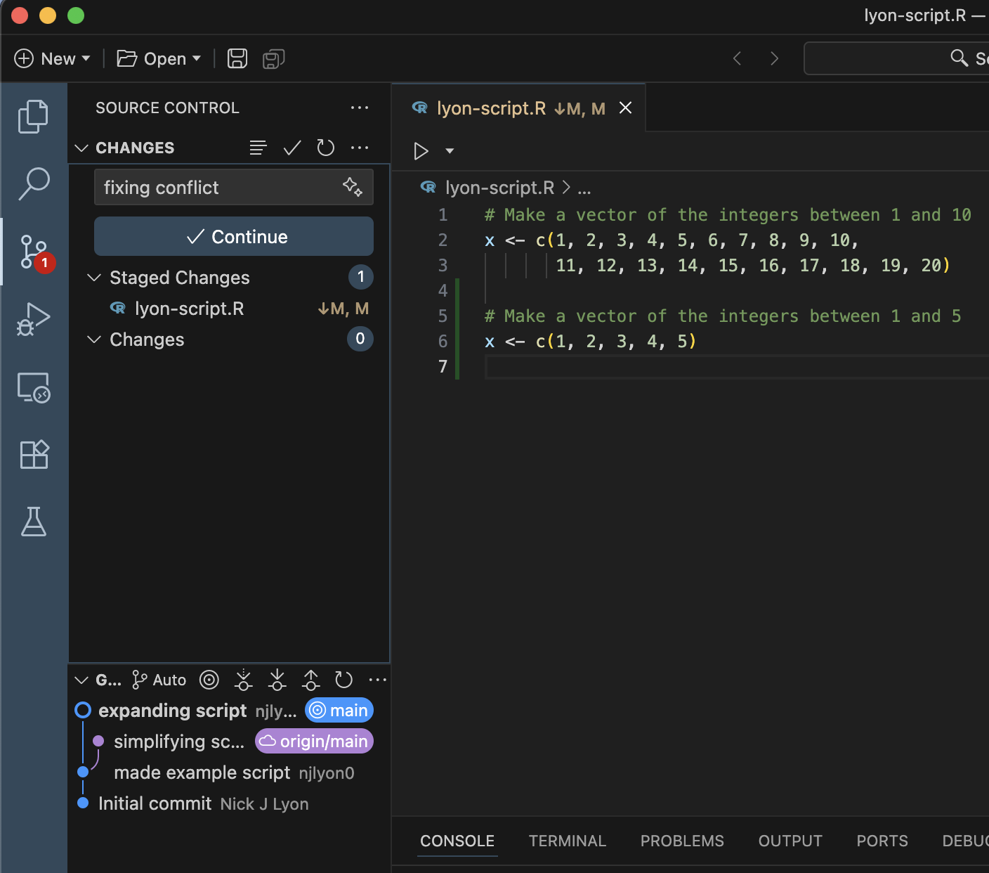 Screen capture of a commit in Positron with the message 'fixing conflict'