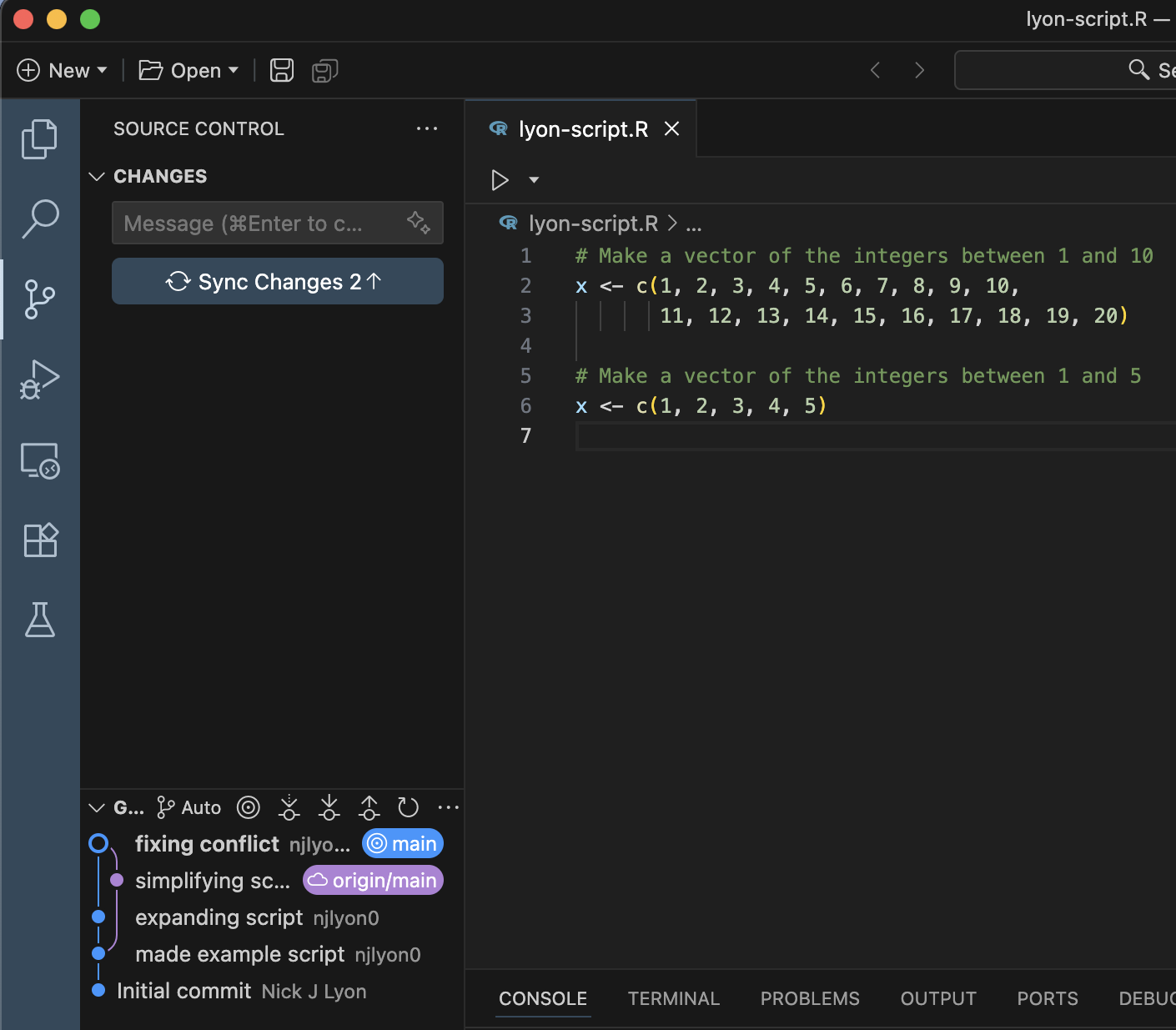 Screen capture of a script in Positron where the merge conflict lines have been removed