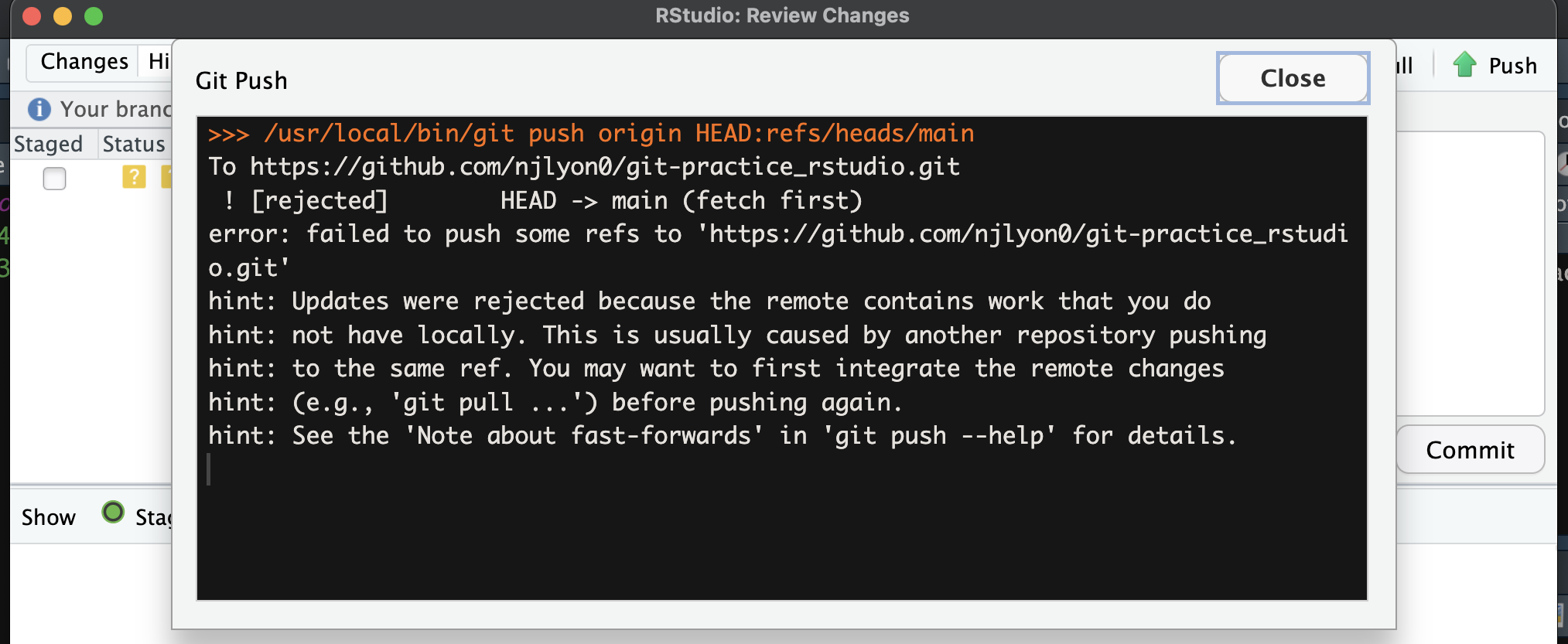 Screen capture of RStudio message warning about a merge conflict