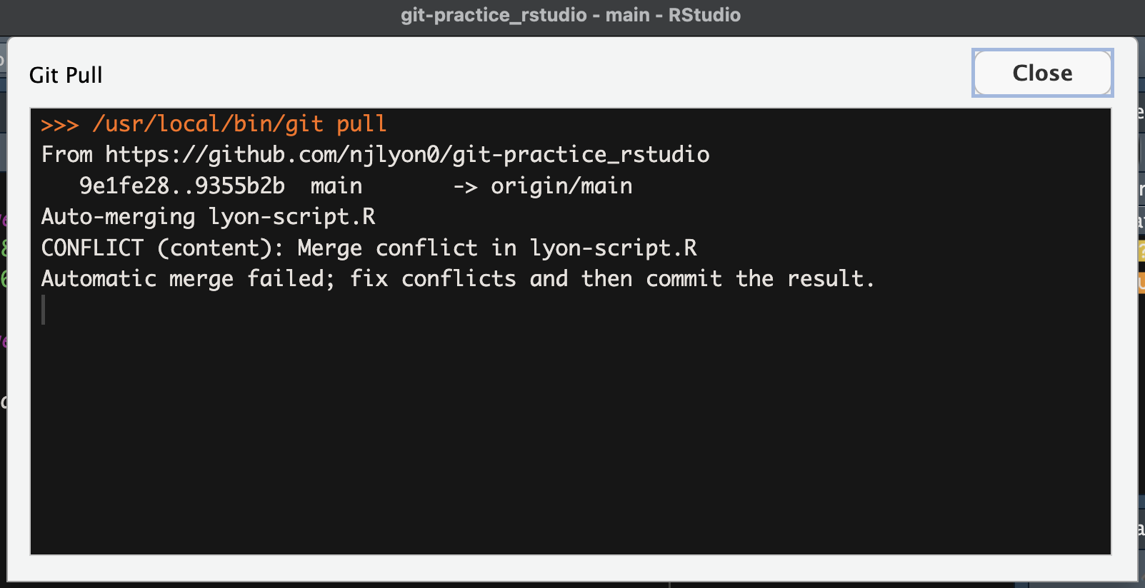 Screen capture of RStudio message warning about post-merge conflict auto-merge failure