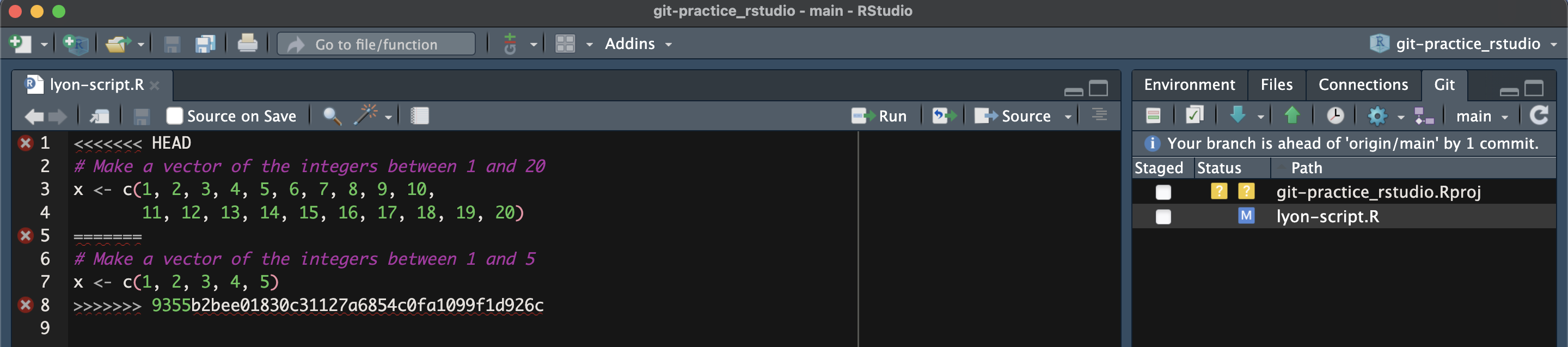 Screen capture of RStudio where a conflicted file has been auto-merged by GitHub