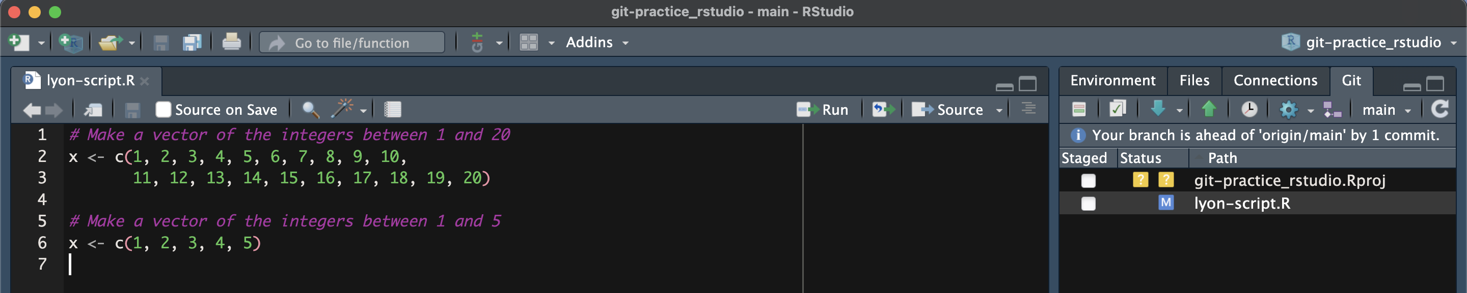 Screen capture of a script in RStudio where the merge conflict lines have been removed