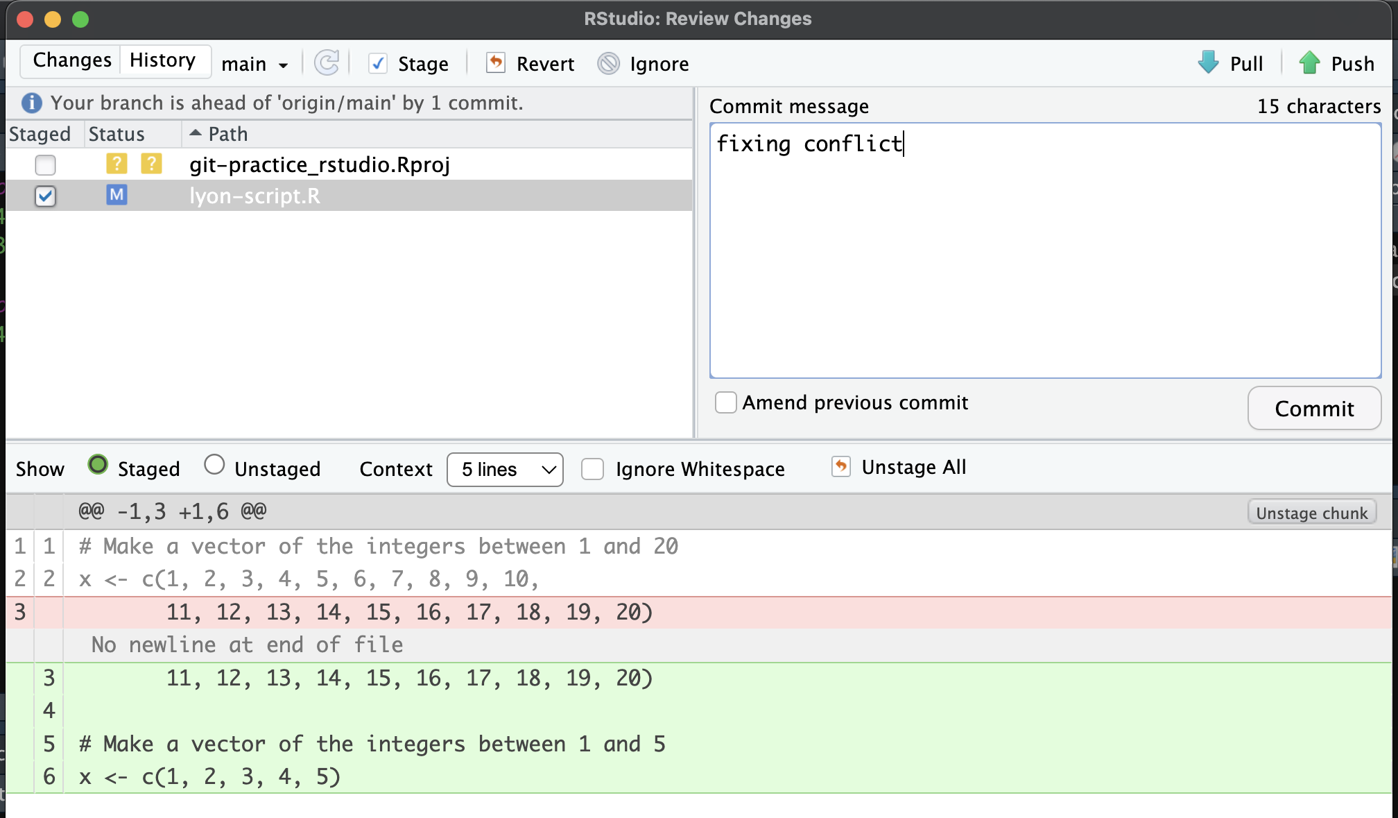 Screen capture of a commit in RStudio with the message 'fixing conflict'