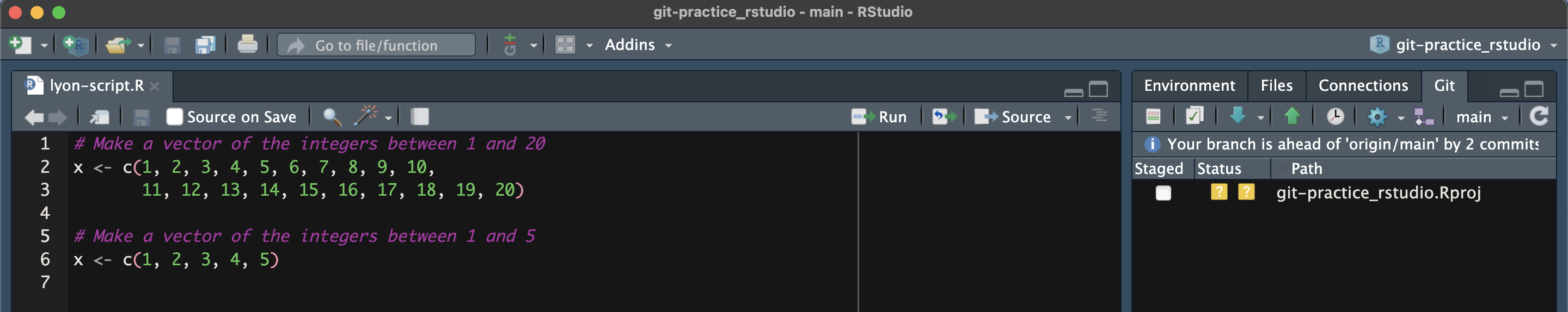 Screen capture of a script in RStudio where the merge conflict lines have been removed