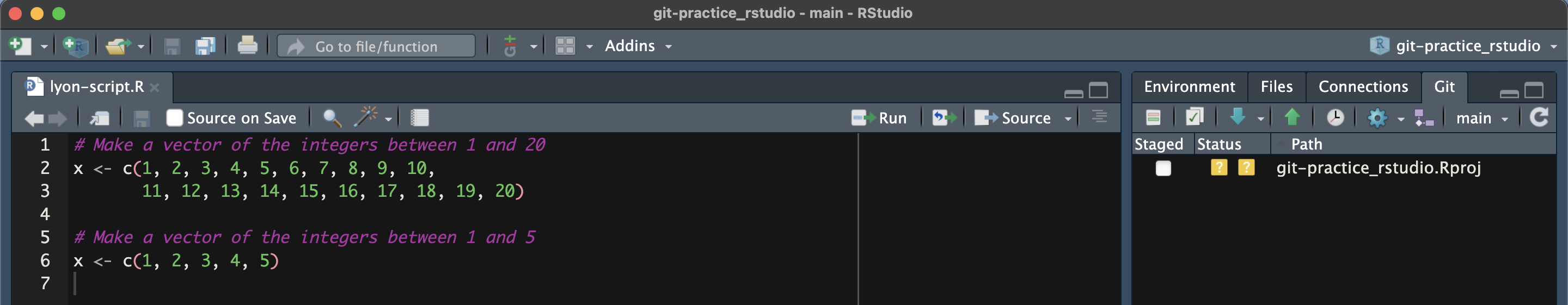 Screen capture of RStudio with an open script