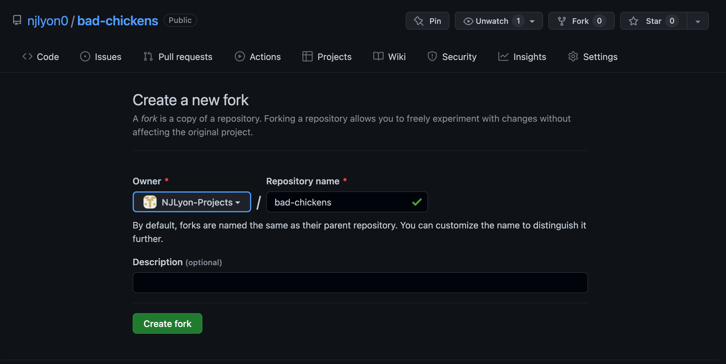 Screenshot of the GitHub interface for making a fork (where the repository can be renamed and have a description added)