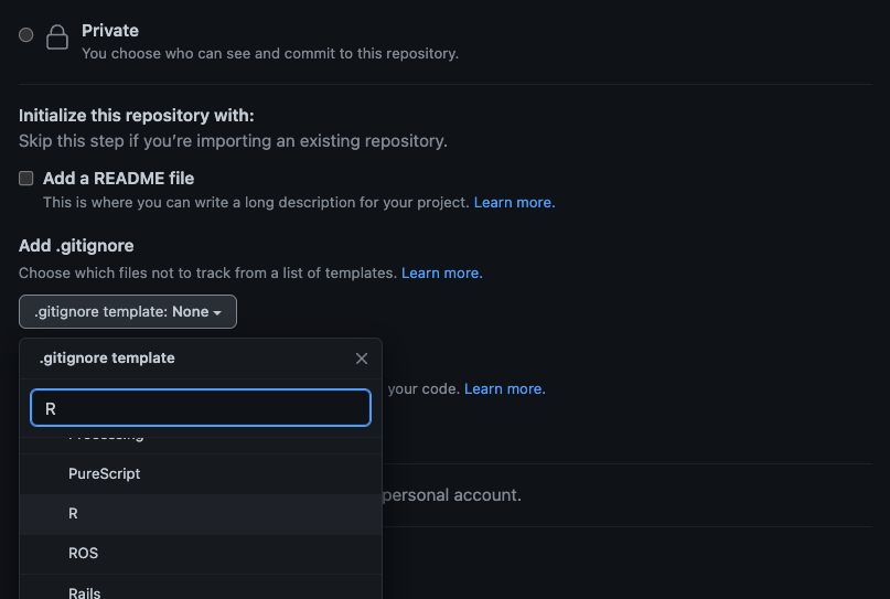 Screenshot of the dropdown menu in the gitignore template part of making a new repository where 'R' has been entered and is about to be chosen from the list of available templates