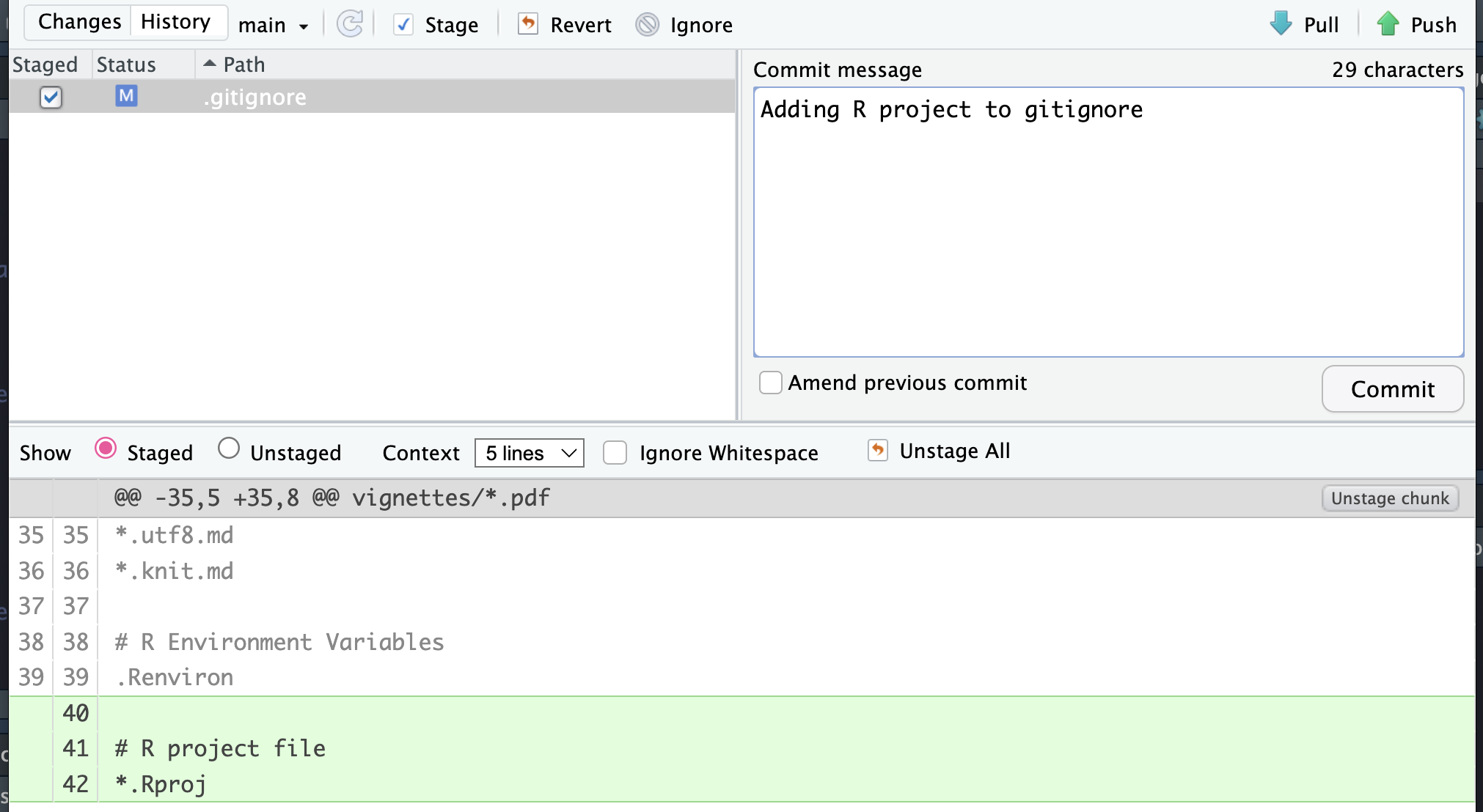 Screenshot of RStudio's commit window where the change to the gitignore is being committed