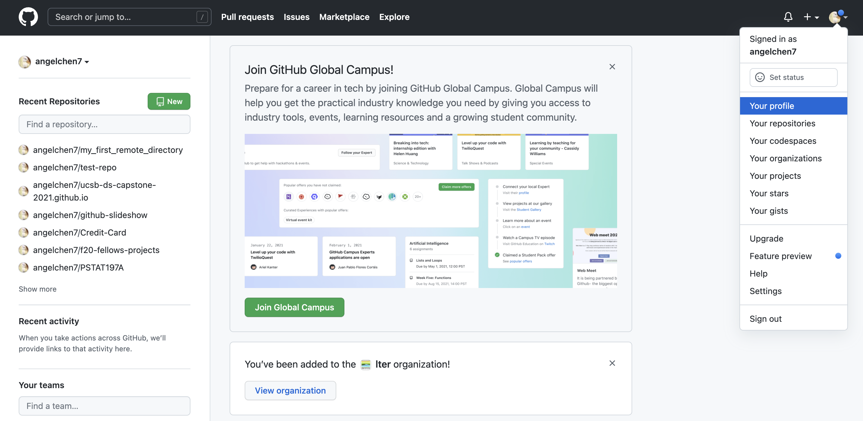 Screenshot of GitHub home page after you've signed in