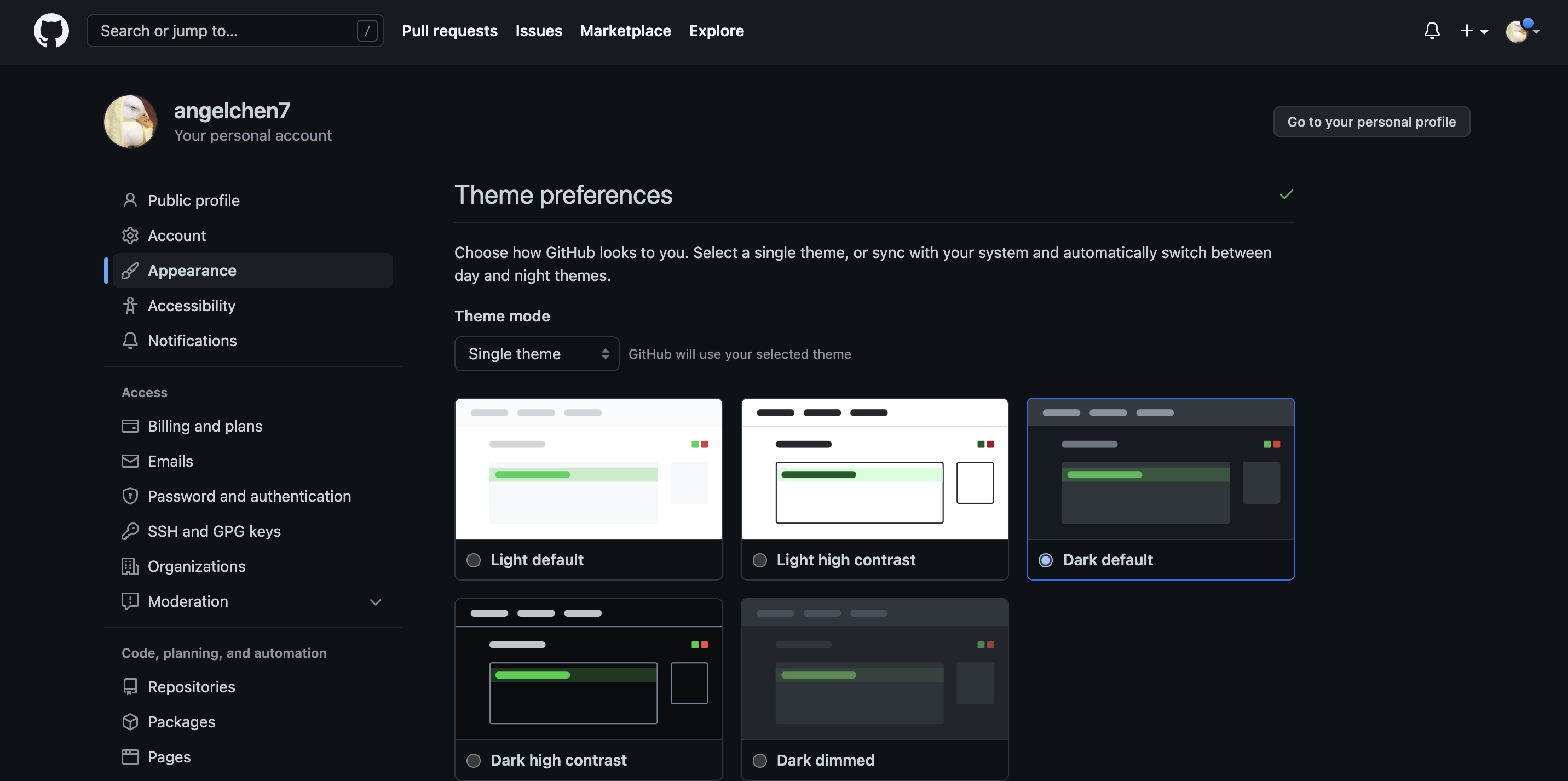 Screenshot of the 'appearance' section of a GitHub user's settings area