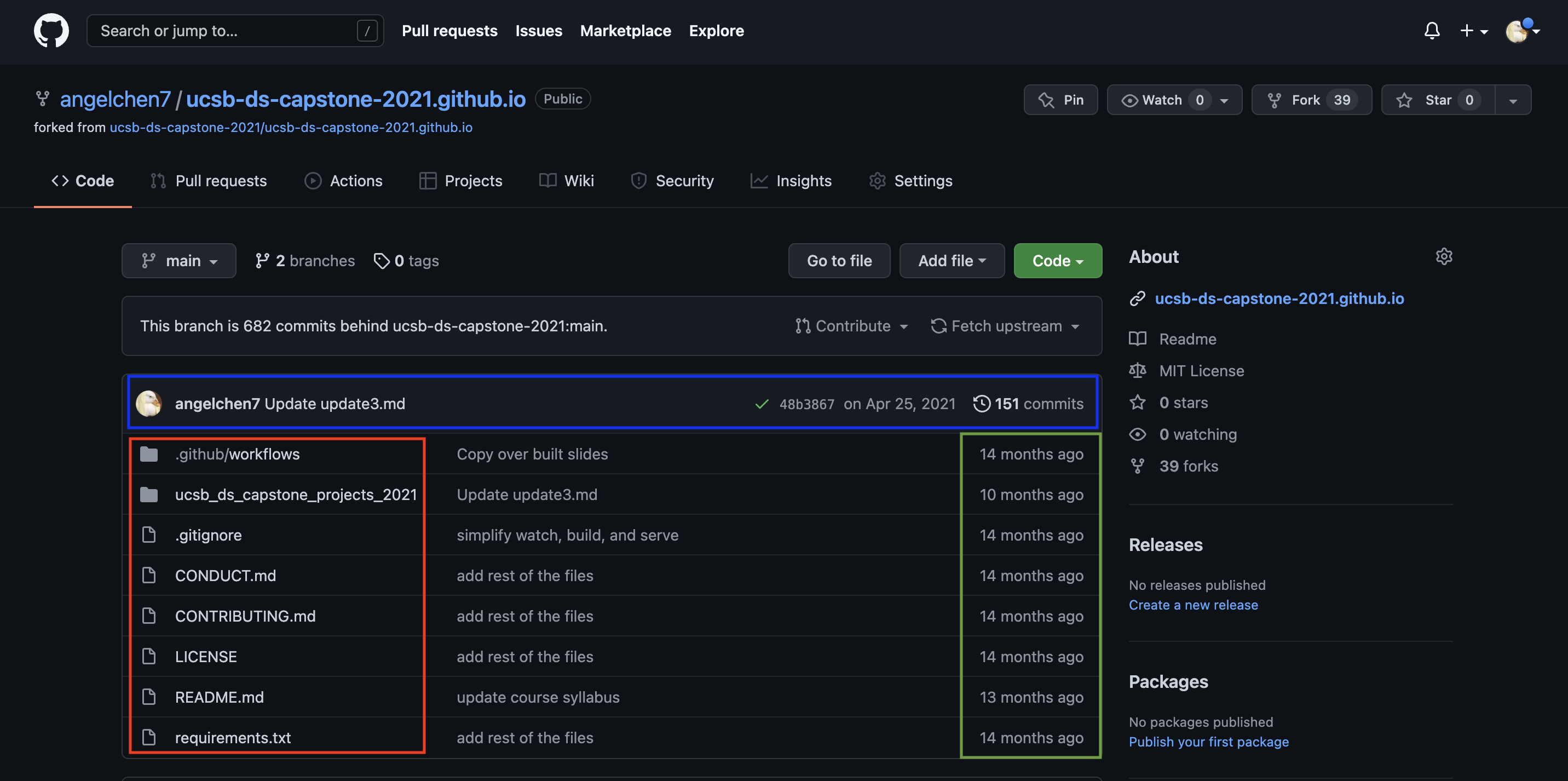 Screenshot of the landing page for a particular repository. A blue rectangle surrounds the information about the most recent commit, a green box surrounds the 'last modified' date for all files in the repository (on the right side of the page), and a red box surrounds the the file and folder names (left side of the page)