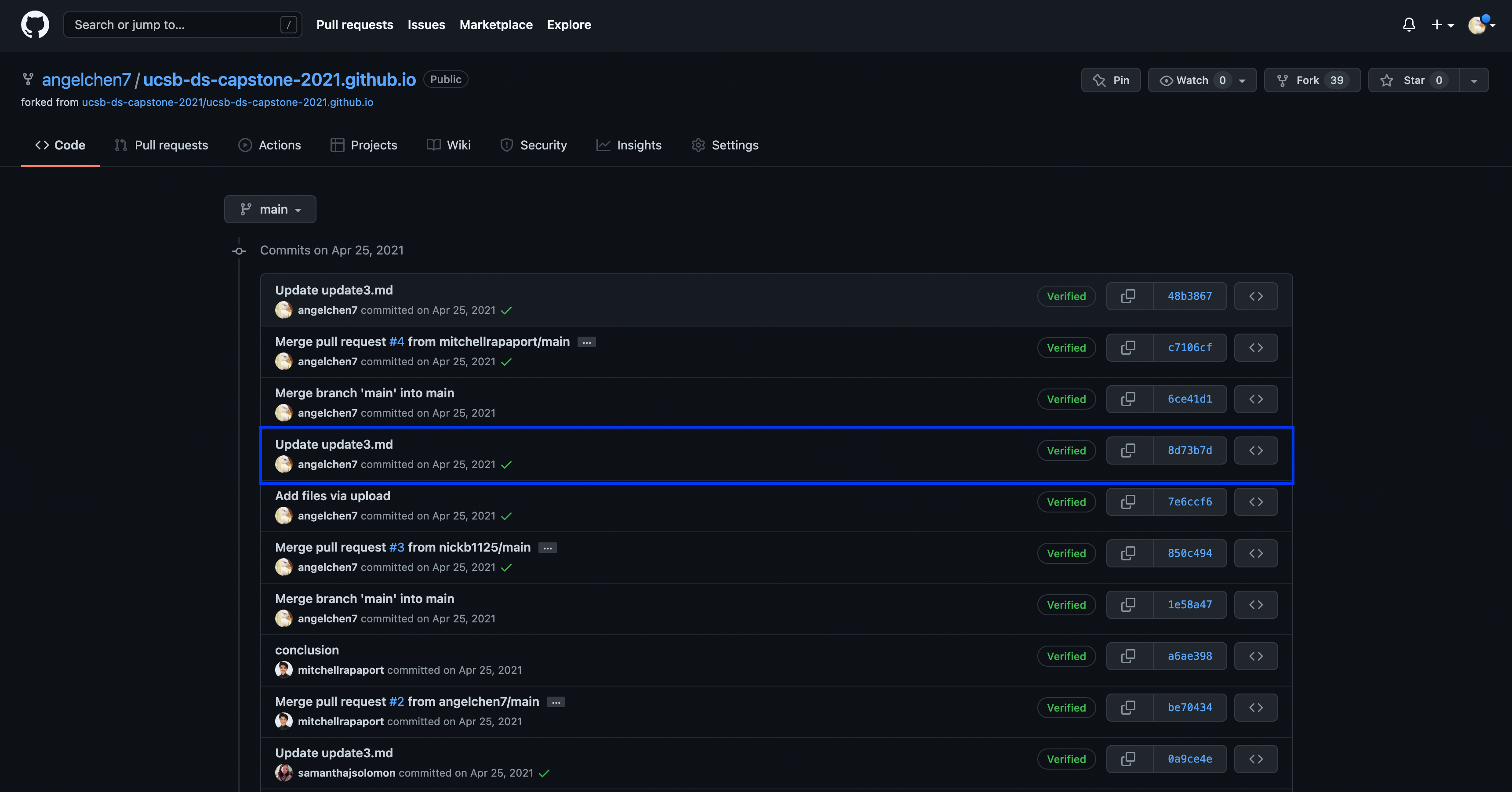 Screenshot of the commit history of a single repository. Shows a list of commits in reverse chronological order (i.e., most recent on top) along with their dates and their respective commit messages