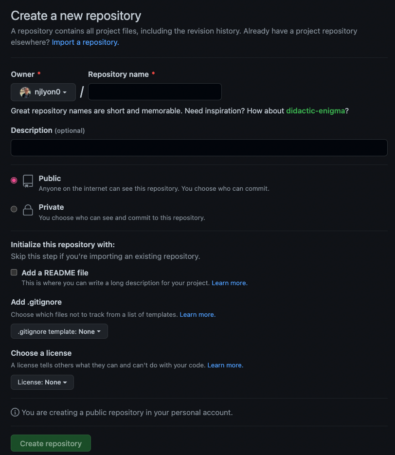 Screenshot of the page on GitHub that appears when you click 'new repository'. Contains empty dialogue fields for the repository name and description as well as options for public versus private repositories among other initialization options