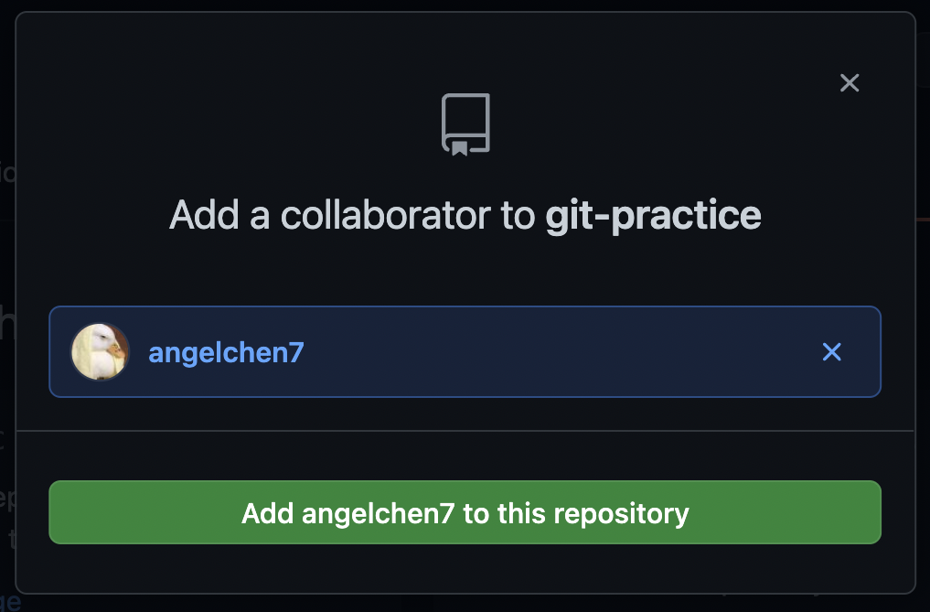 Screenshot of the confirmation message to add a collaborator once they've been selected based on their username or email