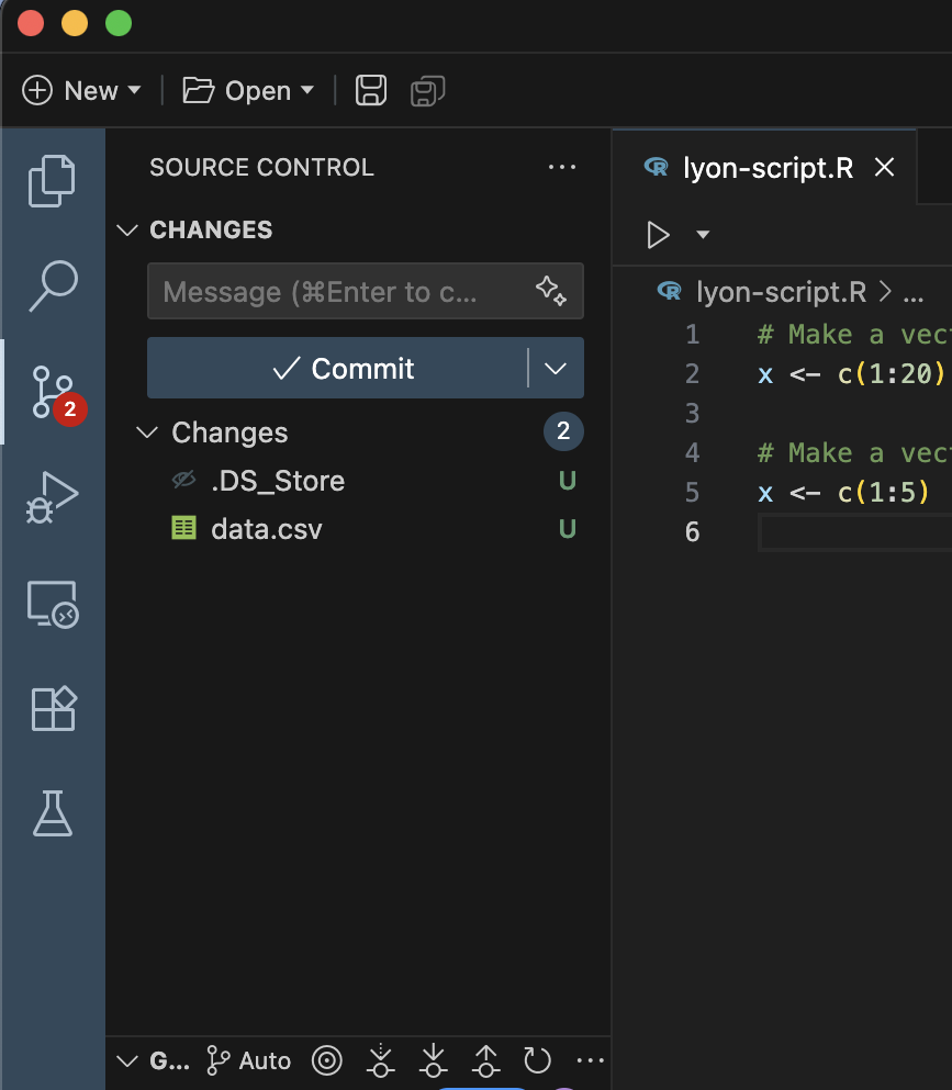 Screen capture of Positron where the source control pane shows an untracked file named 'data.csv'