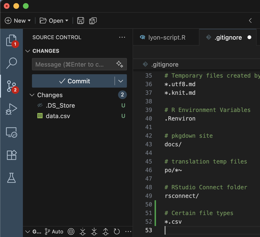 Screen capture of Positron with the R template '.gitignore' from GitHub open and edited but with unsaved changes