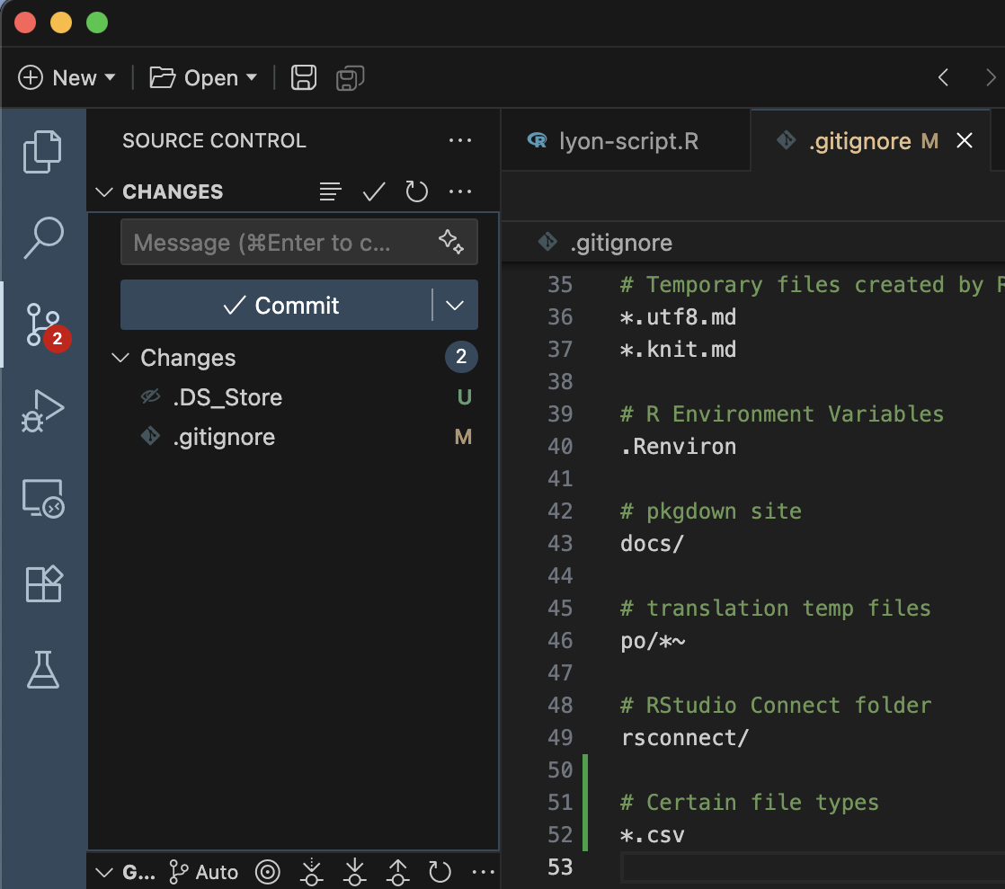 Screen capture of Positron where the Git pane shows un-committed edits to the '.gitignore'