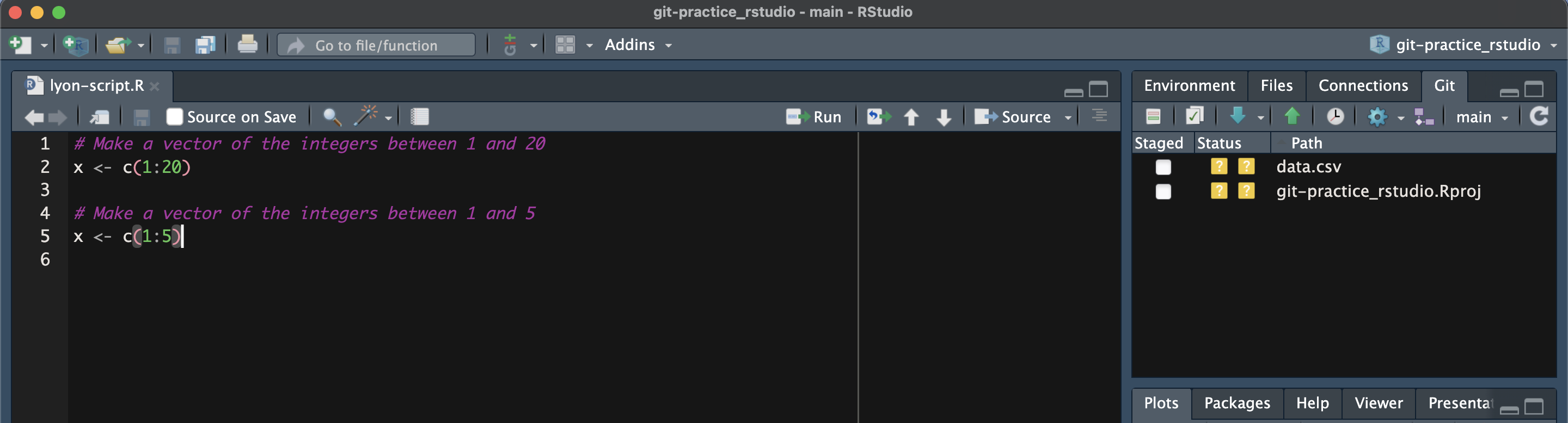 Screen capture of RStudio where the Git pane shows an untracked file named 'data.csv'