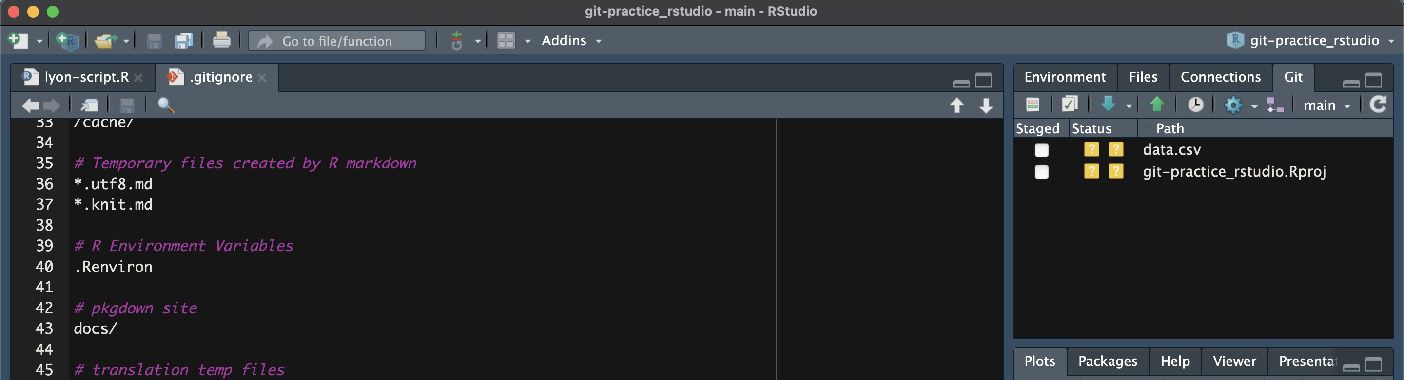 Screen capture of RStudio with the R template '.gitignore' from GitHub open
