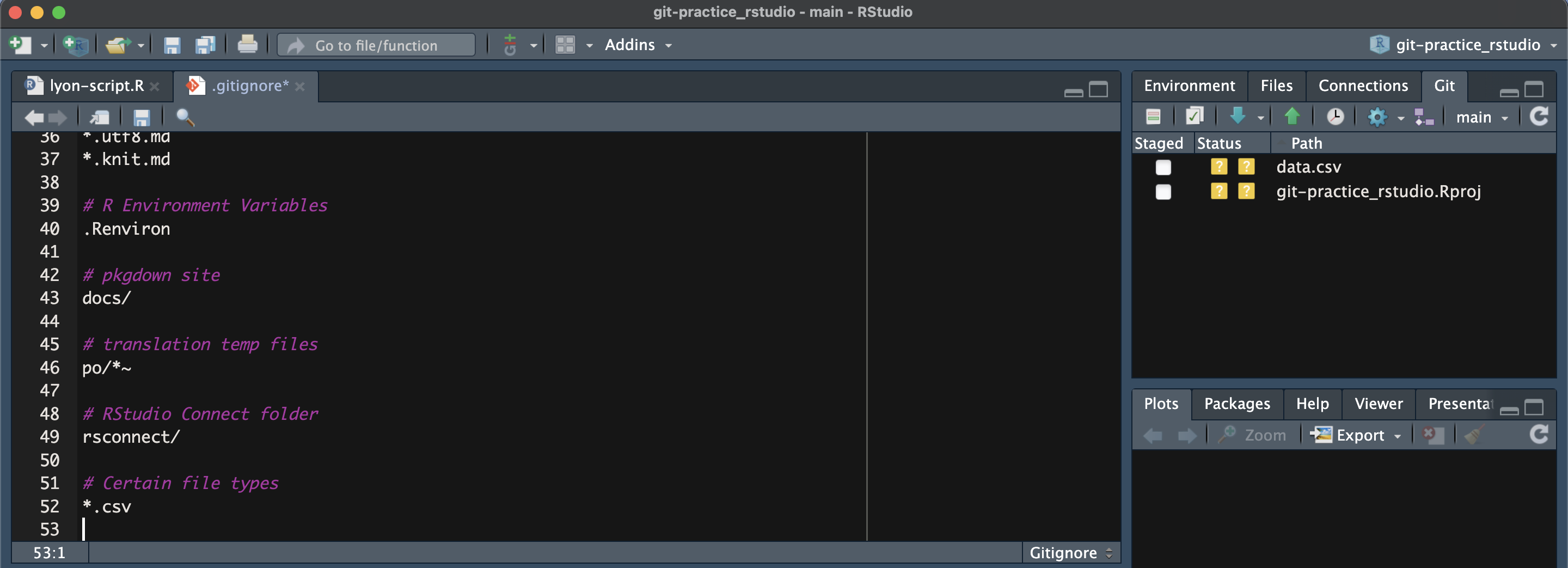 Screen capture of RStudio with the R template '.gitignore' from GitHub open and edited but with unsaved changes