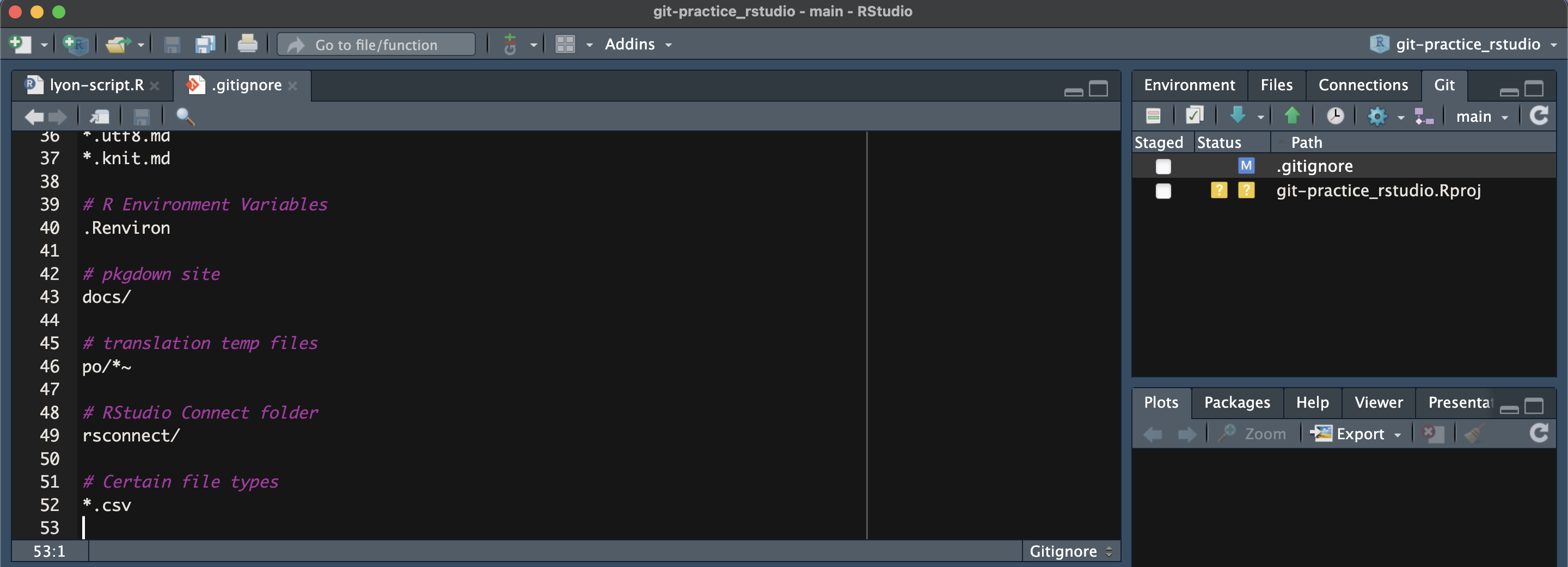 Screen capture of RStudio where the Git pane shows un-committed edits to the '.gitignore'