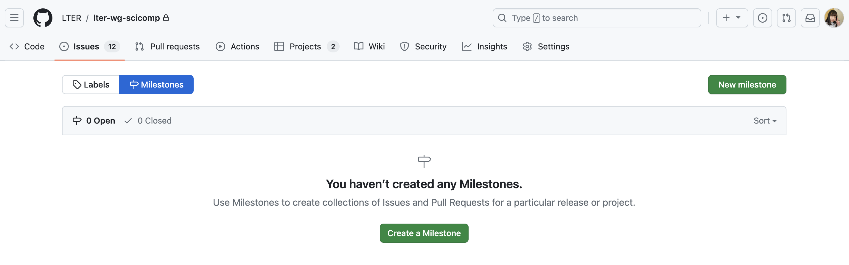 Screenshot of the 'milestones' toggle of a GitHub repository where no milestones have yet been created