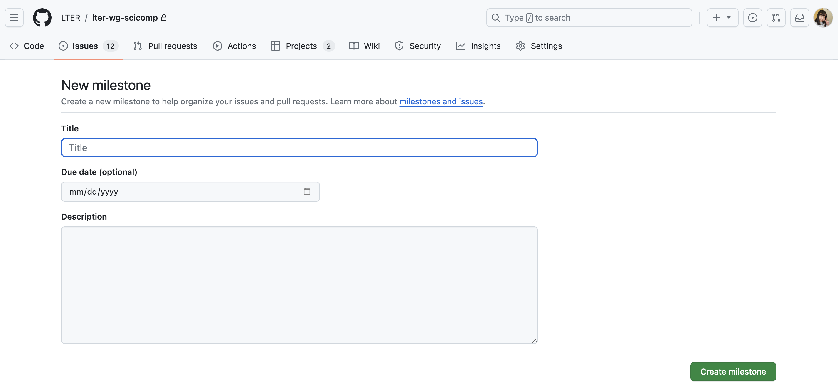 Screenshot of the creation phase for a new GitHub milestone with an open field for a title and description as well as an optional due date field