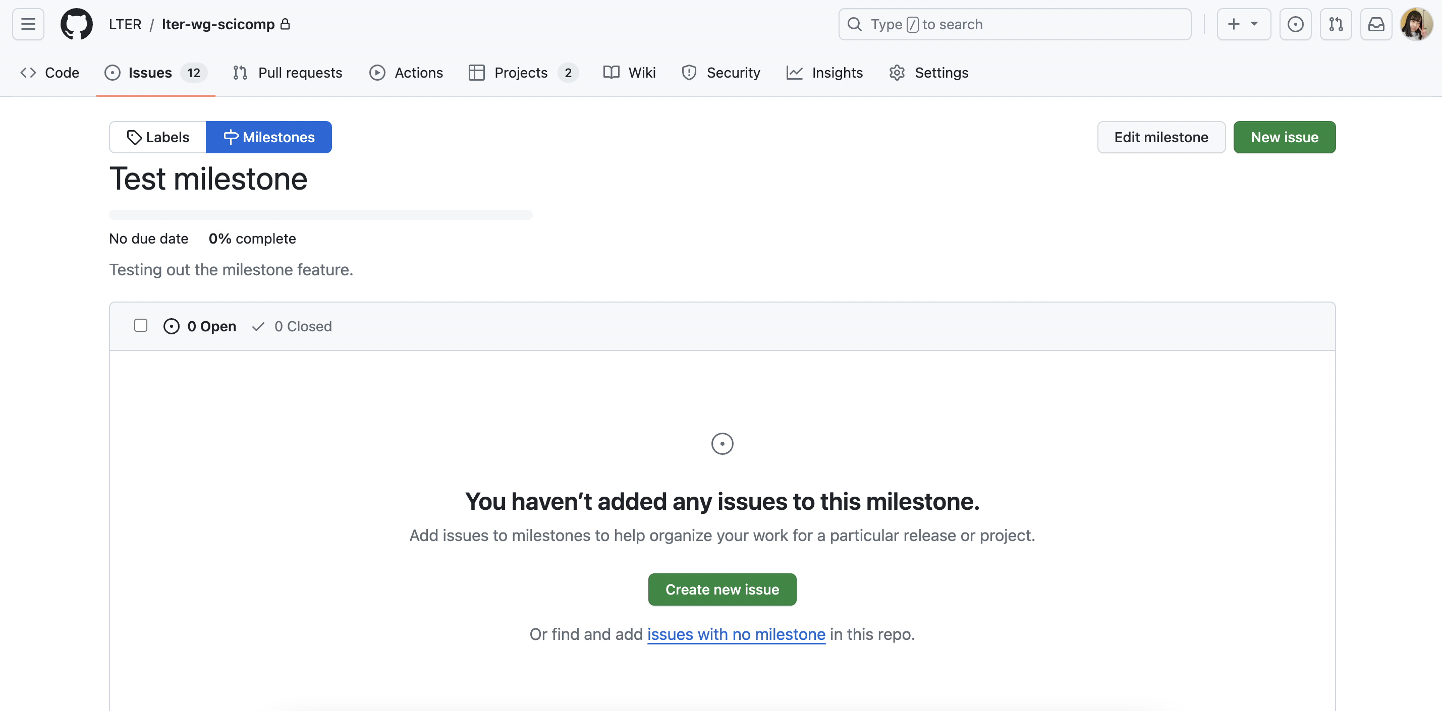 Screenshot of Github where a milestone that has no issues displays a central 'create new issue' button