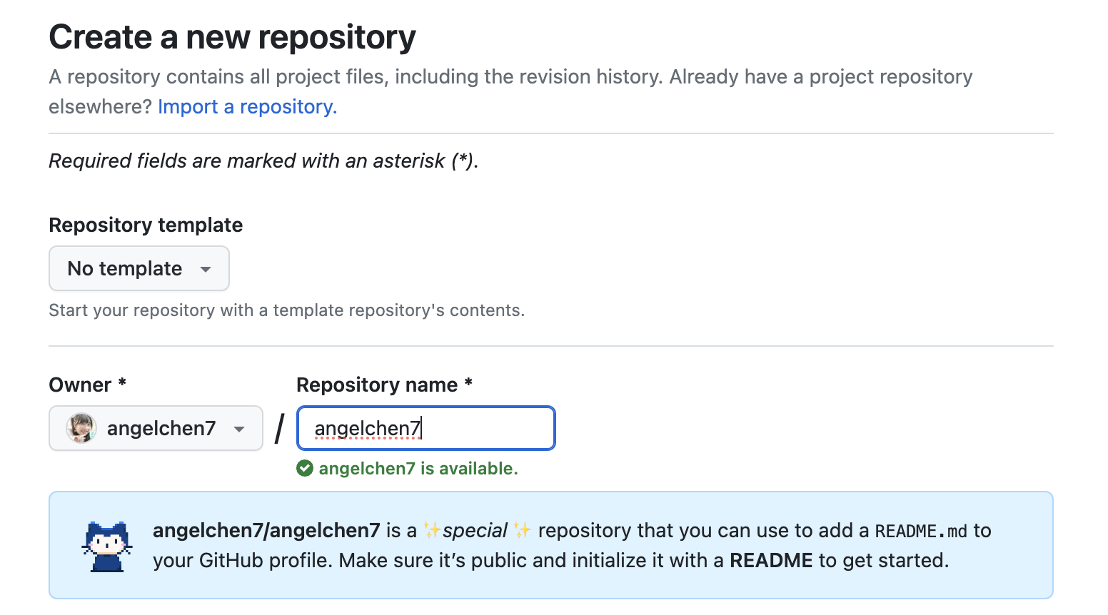 Screenshot of the new repository menu in GitHub where GitHub is adding a dialogue indicating the repository is 'special' because its name matches the user's name