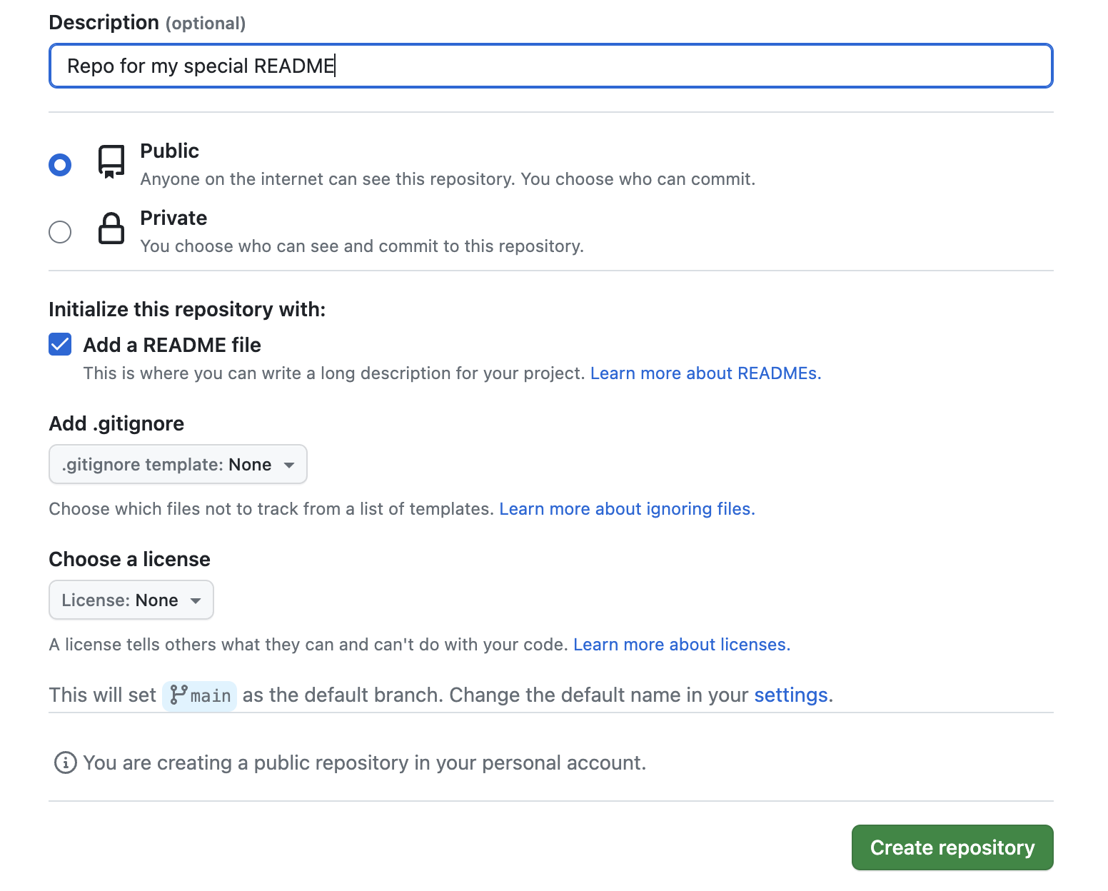 Screenshot of making the special repository where the 'add a README' box is checked but no other fields are changed from their defaults