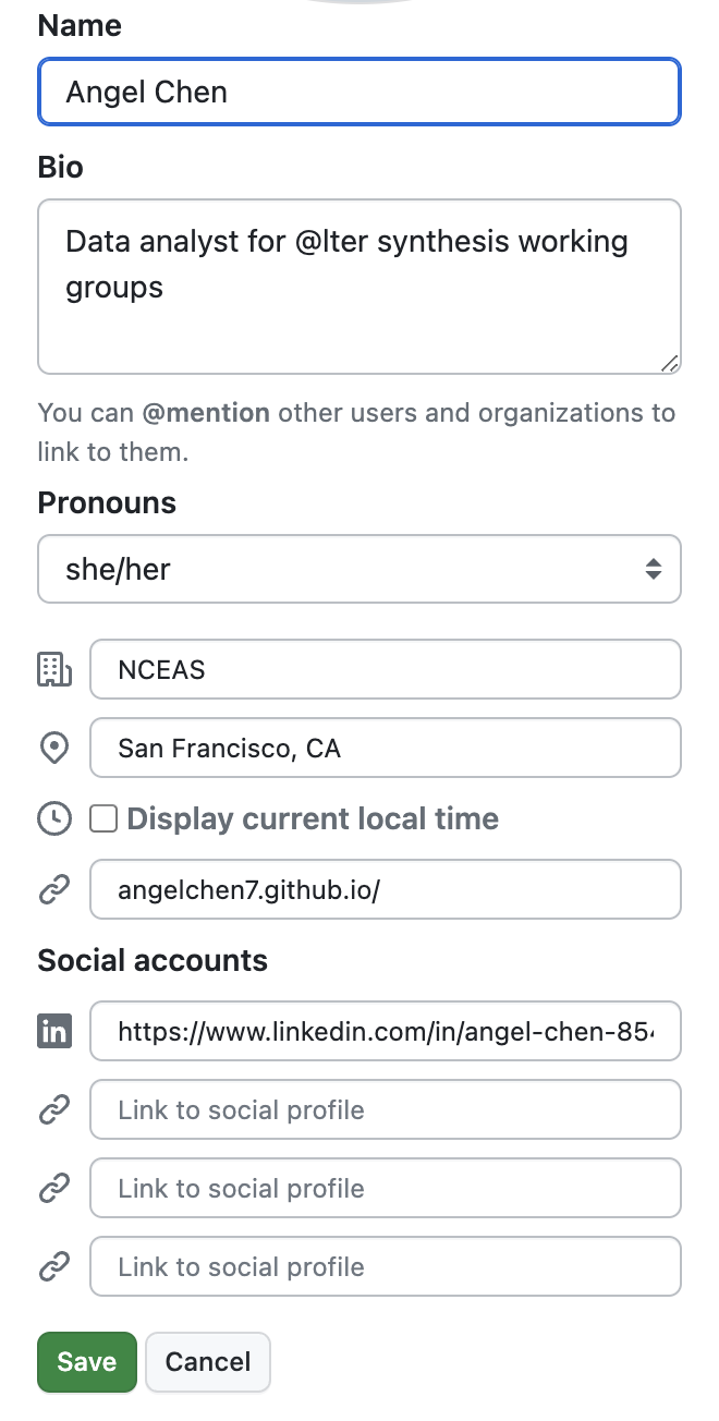 Screenshot of the user information on a GitHub profile where the 'edit' button has been clicked and all fields are edit-able