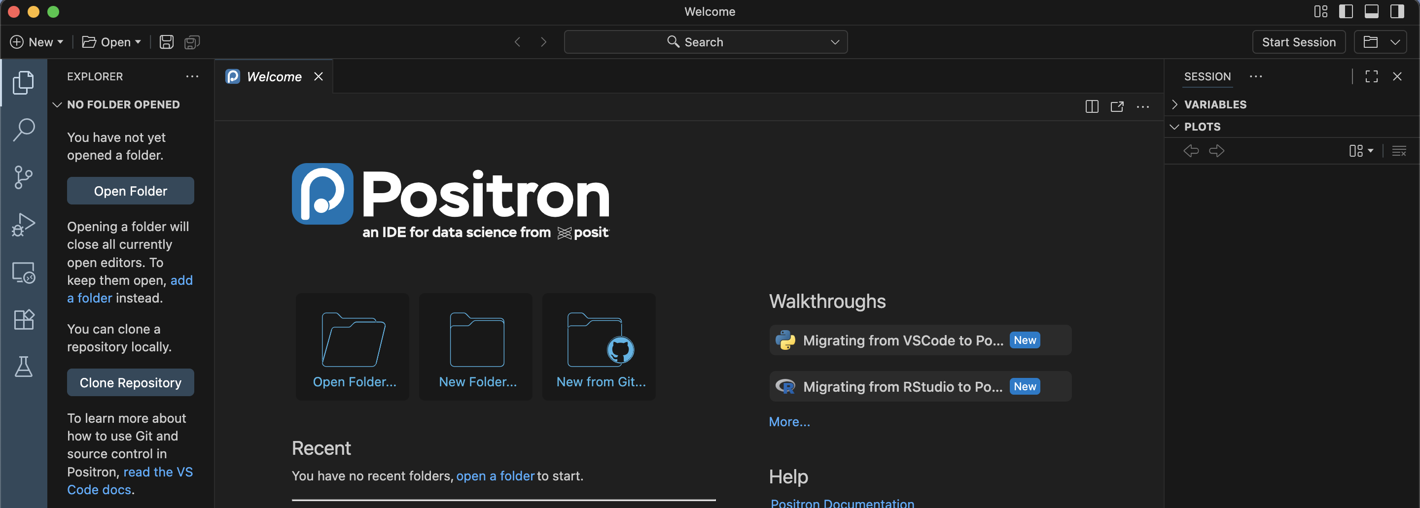 Screen capture of the default starting page of the Positron app