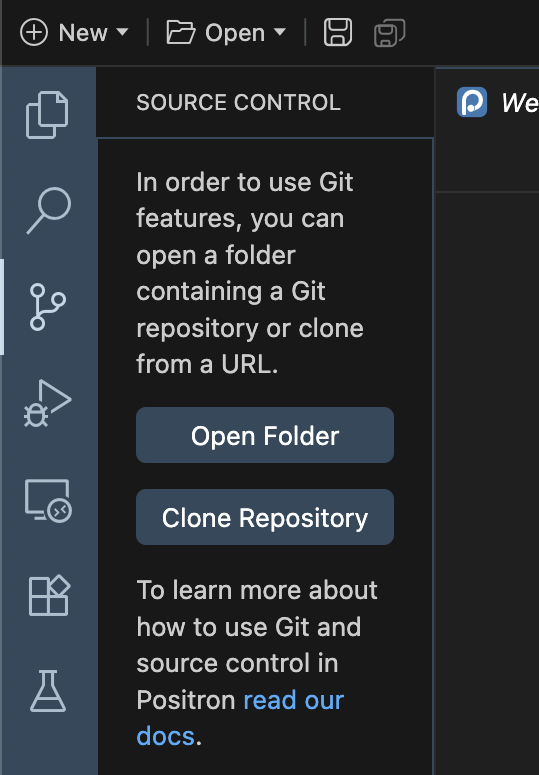 Screen capture of the left sidebar of Positron inside of the 'source control' option