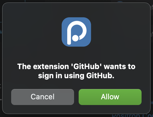 Screen capture of pop-up window where an extension called 'GitHub' is asking to sign in via GitHub with 'allow' and 'cancel' options