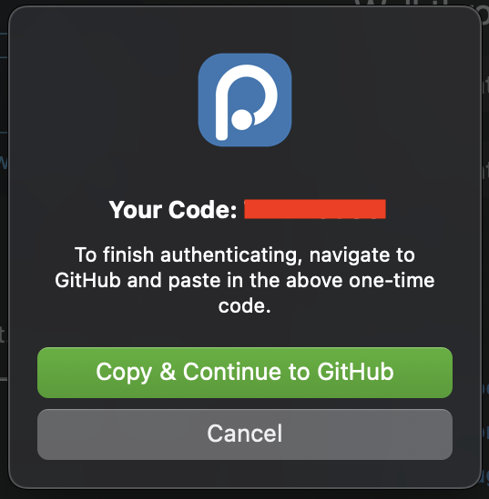 Screen capture of pop-up window with a red rectangle covering a code and buttons for either copying that code and continuing to GitHub or cancelling