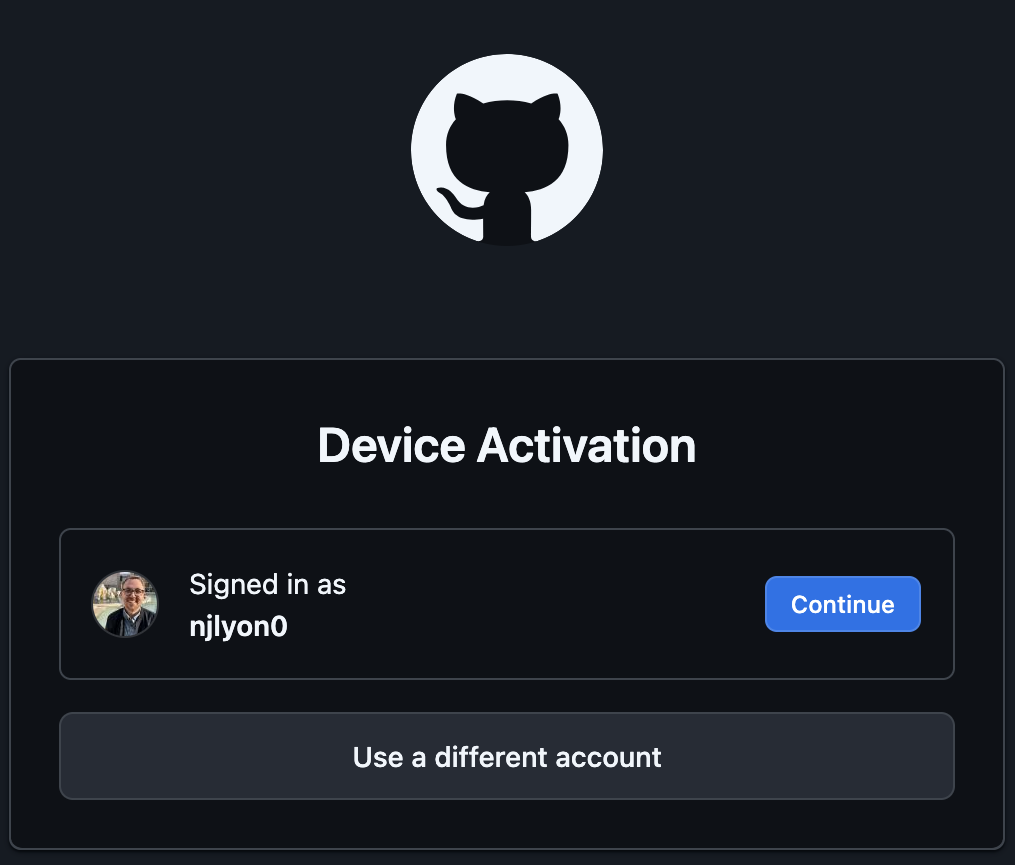 Screen capture of GitHub window with a single GitHub user option and a blue 'continue' button to the right of that profile