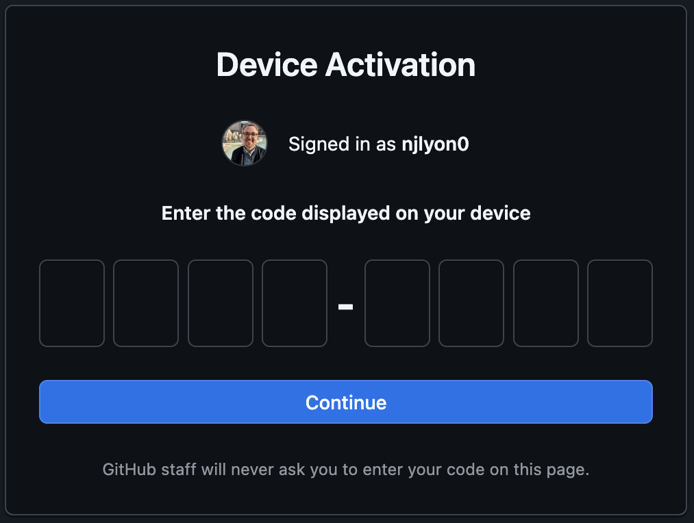 Screen capture of a GitHub window prompting the user to provide an eight-digit code with a blue 'continue' button beneath the empty code field