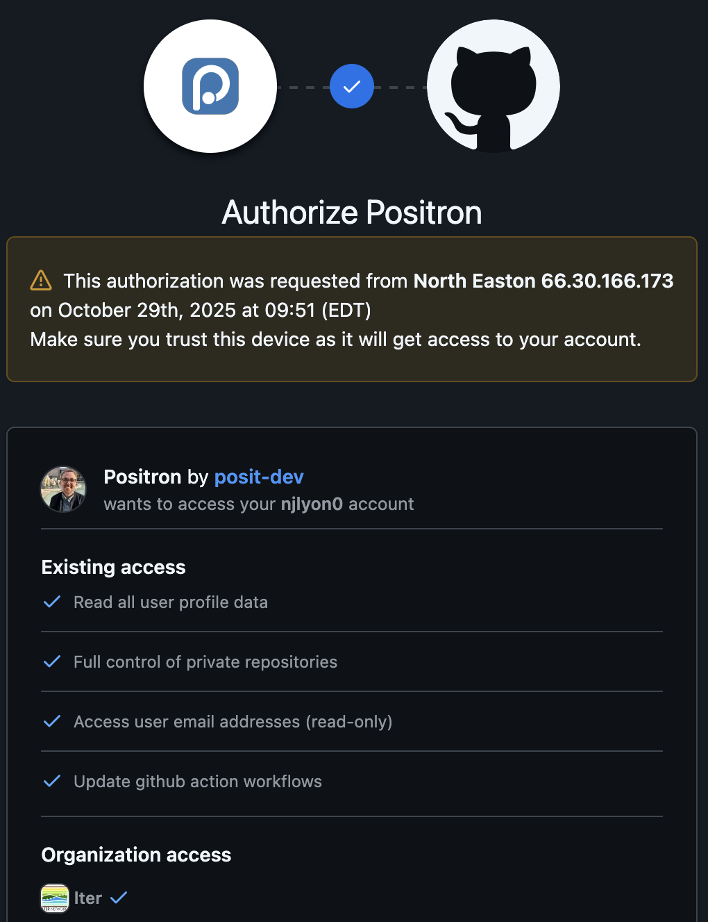 First part of a screenshot of a GitHub webpage asking for confirmation to authorize the Positron application to access a GitHub user's content and account information