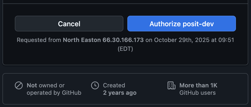 Second part of a screenshot of a GitHub webpage asking for confirmation to authorize the Positron application to access a GitHub user's content and account information