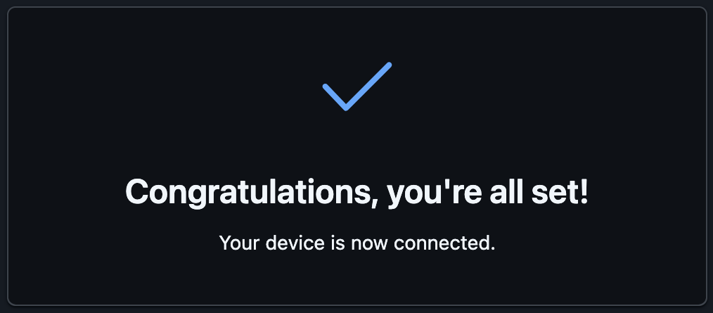 Screen capture of a GitHub browser window that says 'congratulations, you are all set!'