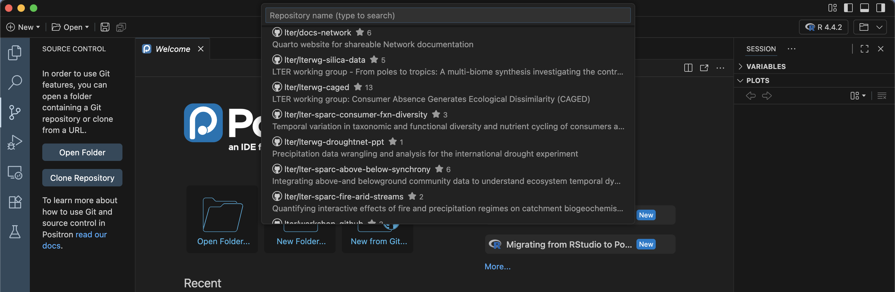 Screen capture of Positron where the search bar in the middle displays a number of GitHub repositories