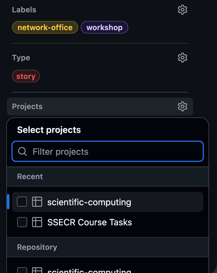 Screenshot of the metadata sidebar of a GitHub issue with the 'Projects' option open