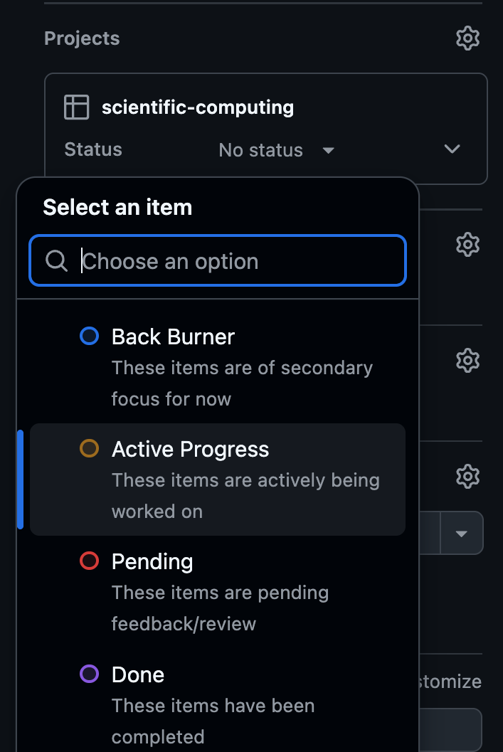 Screenshot of the metadata sidebar of a GitHub issue with the dropdown menu of available project status options expanded