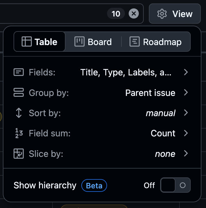Screenshot of the 'View' settings menu in a GitHub project
