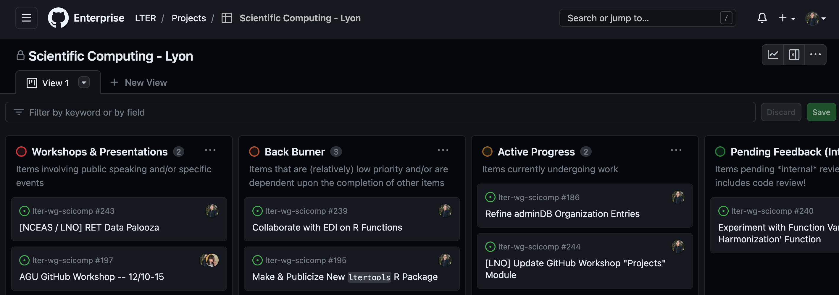 Screenshot of an open project in 'board' view with many open issues categorized into user-defined columns