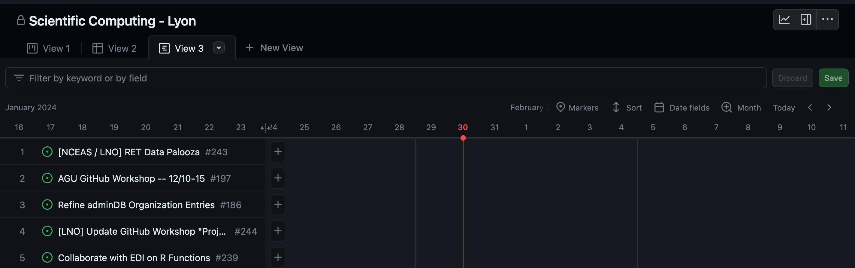 Screenshot of an open project in 'roadmap' view where a project is shown with issues in rows ordered by the due dates defined in each