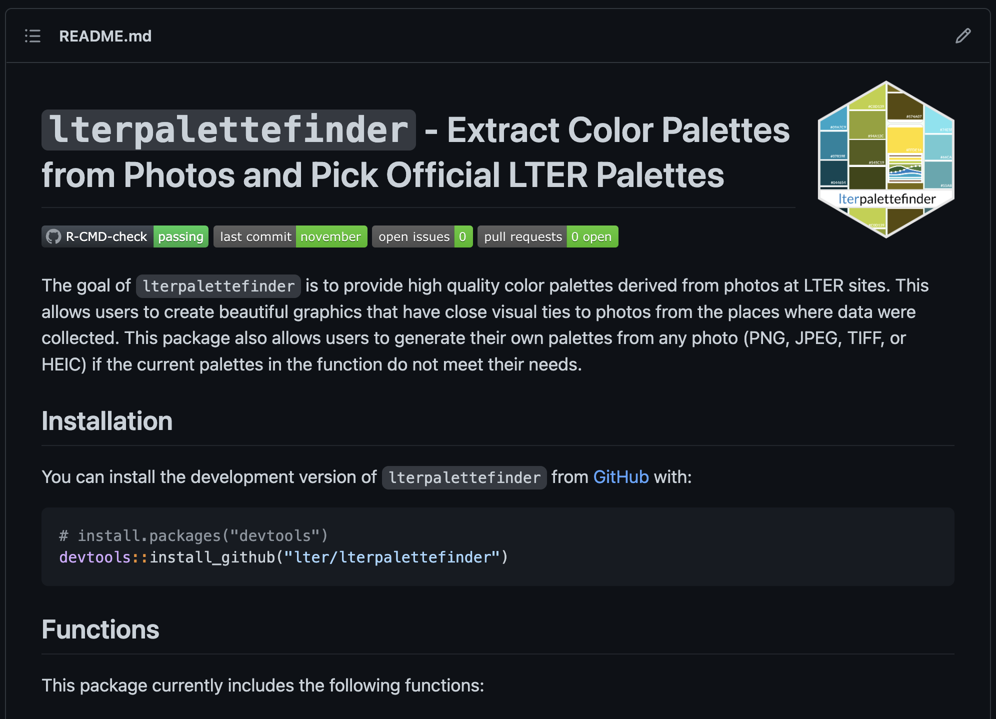 Screenshot of the full README on the GitHub repository of the 'lterpalettefinder' R package