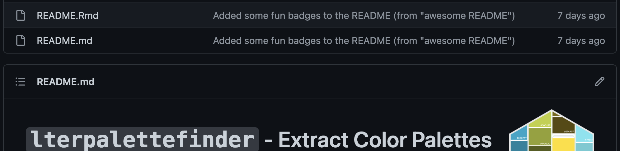 Screenshot of the files in the 'lterpalettefinder' R package GitHub repository showing that there is both a README.md and a README.Rmd