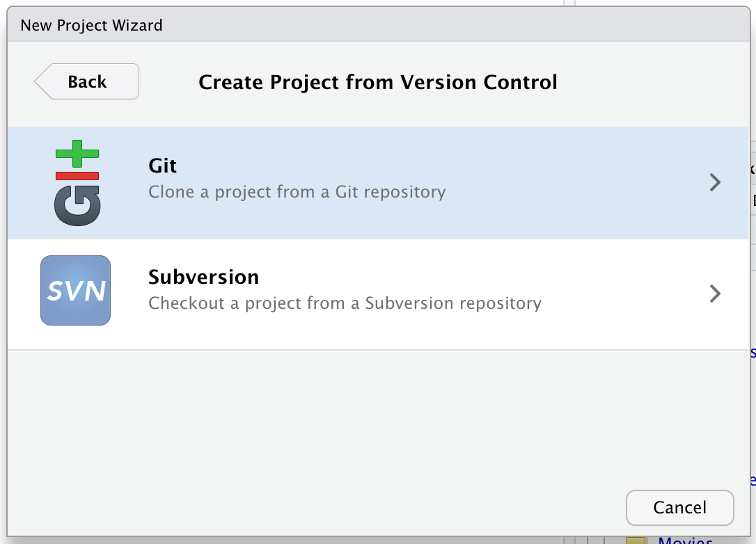 Screenshot of a menu with two options: 'git' and 'subversion'